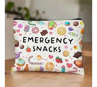 1 pezzo, Borsa cosmetica con stampa a motivo "spuntino DI EMERGENZA" - con cerniera, motivo a biscotti e caramelle in stile college, borsa riutilizzabile per medicinali, adatta per scuola, decorazione