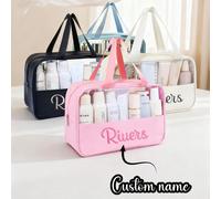 1 pezzo Borsa cosmetica personalizzata ricamata, nome/testo personalizzabile, disponibile in più colori (rosa/blu/bianco/nero), borsa per il trucco semi-trasparente e visibile, borsa per la stagione d