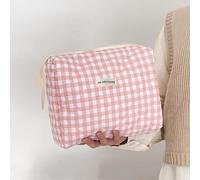 1 pezzo Borsa da trucco in colore tinta unita e quadri, da donna, grande, morbida, per l'organizzazione dei cosmetici, da viaggio. Borsa per trucco, necessaire, accessori da viaggio, per vacanze, per