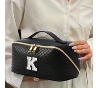1 pezzo Borsa organizer per il trucco in pelle PU, motivo a lettere, impermeabile e portatile, con strass AB e cerniera con perle finte, borsa da trucco da sposa, borsa cosmetica, borsa da toilette, b