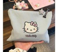 1 pezzo, Borsa per il trucco a righe Hello Kitty, una collaborazione di alto valore con Sanrio. È una borsa di grande capacità con un design semplice e pigro. È una borsa da cartone animato versatile