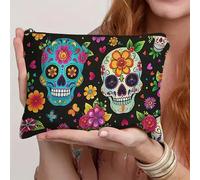 1 pezzo Borsa per il trucco con teschio floreale gotico - Sfondo nero vibrante con design di fiori e cuori colorati, organizer cosmetico portatile per i viaggi, HalloweenPoliestere
