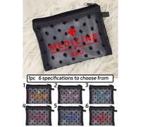 1 pezzo Borsa portatile nera mini in rete con lettere colorate "Medicine Bag" e motivo a croce, kit di pronto soccorso, borsa per il trasporto di medicinali in caso di emergenza, borsa multifunzionale
