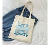 1 pezzo Borsa shopper in tela stampata con motivo in lettere blu "let's" e tre farfalle, in colore beige, alla moda, adatta per ragazze adolescenti, donne studenti universitari, perfetta per il ritorn