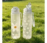 1 pezzo Bottiglia d'acqua estiva da 750ml con stampa di margherite bianca opaca minimalista e cannuccia, adatta per sport, all'aperto, casa, ufficio, tazza regalo portatile Margherita a forma di cuore