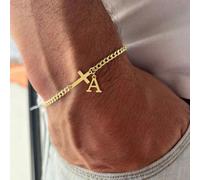 1 pezzo Bracciale alla moda in acciaio inossidabile con catena cubana a croce e lettera, colore oro, per uomo L,M,S,H,A,T,O,B,C,D,E,F,G,I,J,K,N,P,R,V,W,Y,ZAcciaio inossidabile
