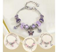 1 pezzo Braccialetto alla moda moderno per giovani, con cristallo viola a forma di farfalla, cigno rosa e ciondolo a forma di acchiappasogni a cuore, regalo carino per ragazze e studenti 18-23,5 cmLeg