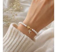 1 pezzo Braccialetto con perline e ciondolo a croce con iniziale a forma di cuore, stile vintage semplice, per donne L,M,S,H,A,T,O,B,C,D,E,F,G,I,J,K,N,P,R,V,W,Y,ZPerle artificiali