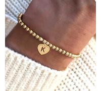1 pezzo Braccialetto da donna in acciaio inossidabile con cuore e iniziale, con perline dorate L,M,S,H,A,T,O,B,C,D,E,F,G,I,J,K,N,P,R,V,W,Y,ZRame