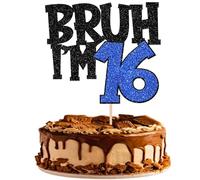 1 pezzo BRUH I'm 16 decorazioni per torte glitterate Happy 16th compleanno torta decorazione BRUH I'm 16 Cake Topper per prost su 16 anni bambini 16° compleanno festa torta decorazione nero blu