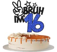 1 pezzo BRUH I'm 16 decorazioni per torte Happy 16th compleanno torta decorazione glitter BRUH I'm 16 Cake Topper per prost su 16 anni bambini 16° compleanno festa torta decorazione nero blu