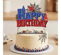 1 pezzo Cake topper a tema eroe con glitter, decorazione per festa di compleanno con skyline della città dei supereroi, picco per torta con ragnatela luccicante per festa di compleanno di bambini e ra