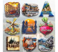 1 pezzo Calamita da frigo in resina, raffigurante luoghi d'interesse di Polonia, Austria e Repubblica Ceca, come Cracovia, Hallstatt e Praga, souvenir da viaggio, decorazione per casa, camera da letto