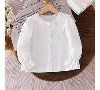 1 pezzo Camicetta casual in pizzo bianco puro per ragazze, con delicato volant e ampio colletto alla Peter Pan, camicia carina e versatile per l'autunno 6Y,7Y,4Y,5YA strisceMiscele di cotone