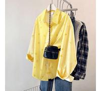1 pezzo Camicia a maniche lunghe con colletto a revers e bottoni, colore giallo pastello, con motivo ricamato sul petto, top casual e carino per ragazze pre-adolescenti, adatto per l'estate e la scuol