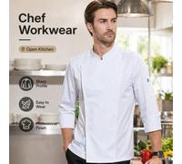 1 pezzo Camicia da chef a maniche lunghe con bottoni e colletto alla coreana, di colore unito, divisa da chef bianca unisex adatta per cucina, panificio, ristorante e hotel L,M,XL,XXLColore unicoTessu