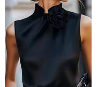 1 pezzo Camicia senza maniche in raso di colore unito con bottoni a fiori 3D, elegante e alla moda, adatta per ufficio, casa, uso quotidiano, vacanze, appuntamenti, primavera/estate/autunno, colore ne
