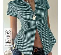 1 pezzo Camicia universitaria a quadri verdi con colletto, maniche corte e bottoni, essenziale per il ritorno a scuola in stile Y2K, per l'estate delle donne L,M,S,XL,XS,XXSquadriPoliestere