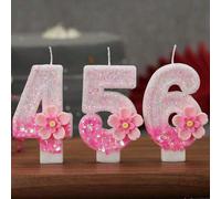 1 pezzo Candela decorativa creativa e artigianale per torte di compleanno, con fiore a due strati in glitter rosa e numero, decorazione a fiore a cinque petali in glitter rosa, candela per decorazione