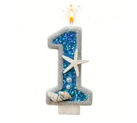 1 pezzo Candela di compleanno numero 0-9, bordo argento con decorazione a stella marina blu glitterata, decorazione per torta premium fatta a mano, adatta per bambini, animali domestici, celebrazioni 