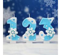 1 pezzo Candela digitale per compleanno, decorata con petali a fiocco di neve, cifra blu, tema natalizio bianco e blu a fiocco di neve, candela digitale per compleanno creativa bianca e blu a fiocco d