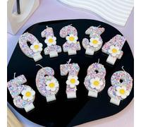 1 pezzo Candelina decorativa con numeri da 0 a 9, con cristalli viola e margherite bianche, decorazione per torta di compleanno 7,5,9,2,3,4,6,8,1,0Cera
