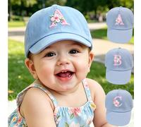 1 Pezzo Cappellino da baseball azzurro con fiore e lettera per neonati, cappello da sole carino per neonati, cappellino multi-scenario per picnic genitori-figli/uso quotidiano/foto del 1° compleanno/g