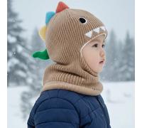 1 pezzo Cappello con cappuccio e coda di dinosauro per bambini piccoli, con corna e coda, berretto balaclava lavorato a maglia con paraorecchie per neonati, berretto termico foderato caldo 1-5 anniAcr