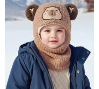 1 pezzo Cappello con cappuccio e orecchie d'orso per bambini piccoli, con fodera termica, cappello per bambini con sciarpa, balaclava, berretto lavorato a maglia, cappello caldo 6M-36MAcrilica