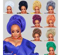 1 pezzo Cappello da donna nigeriano, colore unito in seta lucida con grinze a tre strati, cappello africano, cuffia automatica in gel, adatto per matrimoni, feste e altri festival, regolabile per Ogni