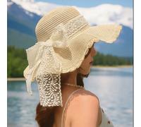 1 pezzo Cappello da sole in paglia pieghevole da donna, beige e cachi, con ampia tesa - Cappello estivo da spiaggia elegante e bohémien con bordo in pizzo, facile da riporre, adatto per la Festa della