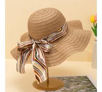 1 pezzo Cappello da sole khaki a righe ondulate con fiocco in nastro per donne, perfetto per le vacanze al mare, elegante cappello protettivo dal sole Tagli UnicaNataleCarta tessile