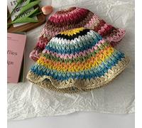 1 pezzo Cappello di paglia arcobaleno traspirante e non soffocante, cappello da pescatore traforato per l'estate, dolce e carino cappello da secchio traforato intrecciato per donne, outfit dopamina, f