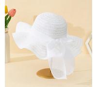 1 Pezzo Cappello Di Paglia Dal Bordo Ondulato Bianco Dolce E Semplice Unisex Per Bambini Con Fiocco Di Lino, Adatto Per L'uso Quotidiano O Per La Spiaggia All'aperto, Abbigliamento Protettivo Solare P