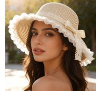 1 pezzo Cappello di paglia estivo da donna con fiocco in pizzo, stile elegante e dolce, design a tesa larga per protezione dal sole, materiale in paglia naturale traspirante, adatto per vacanze al mar