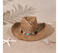 1 pezzo, cappello panama boemo casual in paglia di colore solido con perline, decorato con gemme cave, cappello da sole alla moda adatto per vari usi, lavoro e pendolarismo 57Carta tessile