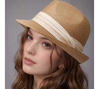 1 pezzo cappello Panama con bordo rialzato da donna, fascia bianca intrecciata, cappello da sole, cappello da spiaggia Motivo strutturatoCarta tessile