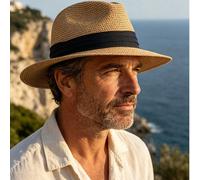 1 pezzo Cappello Panama in paglia da uomo, cappello da sole fedora traspirante con protezione UV, ampia tesa con fascia in tessuto nero, design della corona dalla forma classica, adatto per spiaggia, 