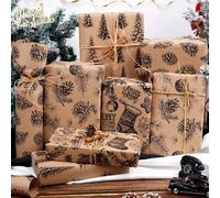 1 pezzo Carta da regalo vintage in carta kraft per Natale, decorazione per feste di Natale Aghi di pino,Calzini Topline,Pino della linea superiore,Pigna di Backline,Stampa fronte-retro in pino 3M Back