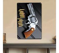 1 pezzo Cartello metallico vintage a forma di revolver, cartellone metallico divertente, stampa piatta 2D, decorazione metallica multifunzione con fori pre-forati per appendere facilmente, decorazione