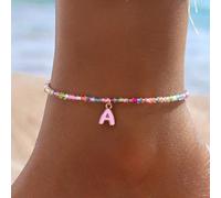 1 pezzo Cavigliera boho con perline in oro, iniziale A-Z, perline di semi colorate elastiche, braccialetto alla caviglia con ciondolo a lettera per donne, regalo per vacanze al mare e viaggi L,M,S,H,A