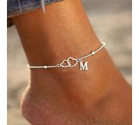 1 pezzo Cavigliera da donna semplice e classica con catena a perline in acciaio inossidabile argentato, design a doppio cuore cavo con lettera L,M,S,H,A,T,O,B,C,D,E,F,G,I,J,K,N,P,R,V,W,Y,ZAcciaio inos