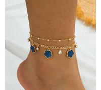 1 pezzo Cavigliera multistrato con ciondolo a forma di trifoglio a cinque foglie, blu scintillante, elegante e raffinata, stile sognante e di alta gamma, per donna (a causa del taglio manuale, il nume