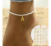 1 pezzo Cavigliera stile spiaggia con perline iniziali A-Z, perline di semi bianche elastiche, ciondolo lettera, braccialetto alla caviglia per donne, vacanza estiva, regalo per la fidanzata L,M,S,H,A