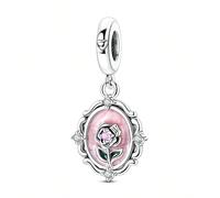 1 pezzo Ciondolo charms con rosa eterna placcato argento, cornice floreale vintage, smalto rosa, adatto per bracciali, collane, creazione di gioielli fai da te, perline affascinanti, regalo romantico 