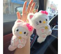 1 pezzo Ciondolo in peluche Hello Kitty, decorazione con campanello a forma di zampa di gatto rosa e bianca, charm da borsa femminile, bambola per interni auto, statuetta a coda lunga in stile cartone