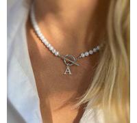 1 pezzo Collana alla moda in acciaio inossidabile argento con pendente a forma di lettera e chiusura a T con perla, per donna L,M,S,H,A,T,O,X,B,C,D,E,F,G,I,J,K,N,P,Q,R,U,V,W,Y,ZAcciaio inossidabile
