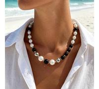 1 pezzo/Collana CCB stile bohémien vintage da vacanza con perle finte miste bianche e nere, pietra nera e pallina d'argento, catena per la clavicola, adatta per donne semplici ed eleganti per uso quot