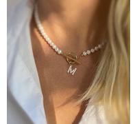 1 pezzo Collana classica con ciondolo con iniziale e chiusura a bottone, con perle finte per donne, adatta per feste L,M,S,H,A,T,O,X,B,C,D,E,F,G,I,J,K,N,P,Q,R,U,V,W,Y,Zvetro