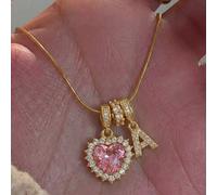1 pezzo Collana con ciondolo a forma di cuore rosa, elegante e dolce, interamente tempestato di strass con lettera inglese, con catena in acciaio inossidabile a serpente, adatta per ragazze e bambine
